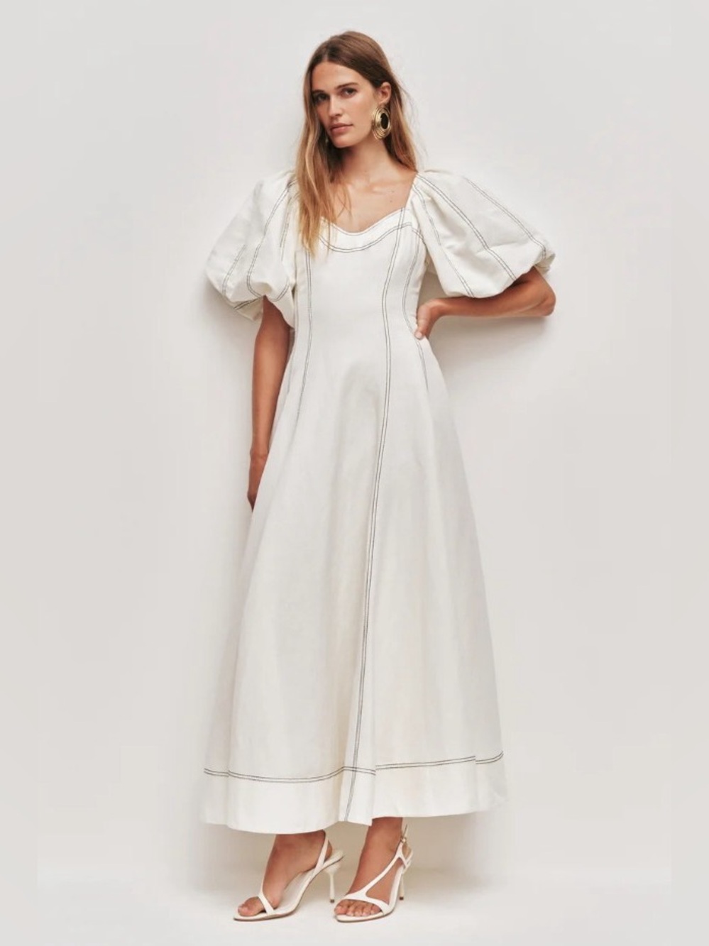 Aje Moderna Puff Sleeve White Black Seams Midi Dress AU8/US4 NWT